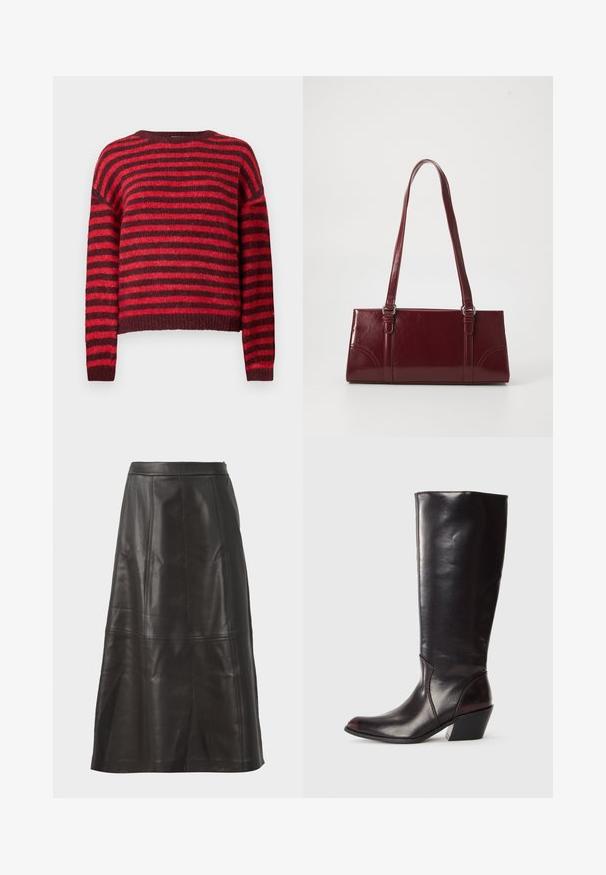 Rød og mørkerød stribet sweater, rund halsudskæring, lange ærmer, blød tekstur, ribbet kant, cropped design.; Sort læder midi-skjørt med en glat tekstur, der har lodrette sømme og en lige silhuet. Ingen synlig hardware eller accenter.; Knæhøj, mørkebrun læderstøvle med spids tå, vinkelret blokhæl og en glat, blank overflade. Har et enkelt design og syningsdetaljer.; Bordeaux håndtaske lavet af glansfuldt materiale, rektangulær form, med to skulderremme og subtile buede detaljer på forsiden.