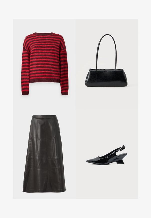 Rood en donkerrood gestreepte trui, ronde halslijn, lange mouwen, zachte textuur, geribbelde zoom, cropped ontwerp.; Zwarte leren midi-rok met een gladde textuur, voorzien van verticale naden en een recht silhouet. Geen zichtbare hardware of accenten.; Zwarte lakleren slingback schoen met spitse neus en lage schuine blokhak op een effen lichte achtergrond.; Zwarte rechthoekige schoudertas met lange dunne banden en een gladde, glanzende textuur op een effen achtergrond.