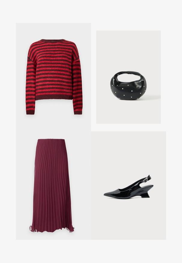 Suéter a rayas rojas y rojo oscuro, cuello redondo, mangas largas, textura suave, dobladillo acanalado, diseño corto.; Larga falda de color burdeos con pliegues, hecha de un tejido ligero, con una cintura elástica y un dobladillo ligeramente rizado. Pliegues verticales texturizados en toda la prenda.; Zapato slingback de cuero charol negro con puntera puntiaguda y tacón bajo en bloque inclinado sobre fondo claro liso.; Bolso de mano de cuero negro con forma redondeada, decorado con detalles de tachuelas plateadas y un asa corta. Textura lisa y cierre con cremallera.