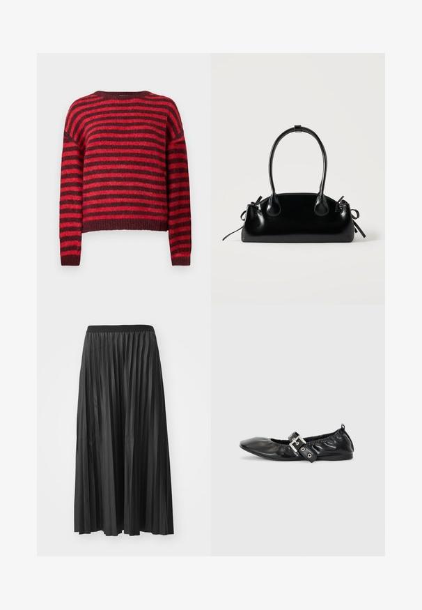 Rood en donkerrood gestreepte trui, ronde halslijn, lange mouwen, zachte textuur, geribbelde zoom, cropped ontwerp.; Zwarte geplisseerde maxi rok met een gladde textuur en een elastische tailleband, met verticale plooien die volume en beweging creëren.; Zwarte leren platte schoen met een spitse neus, geplooide details rond de opening en een zilveren gespaccentueerde verstelbare band.; Kleine zwarte glanzende handtas met twee lange hengsels en zijkant trekkoord details op een effen lichte achtergrond.