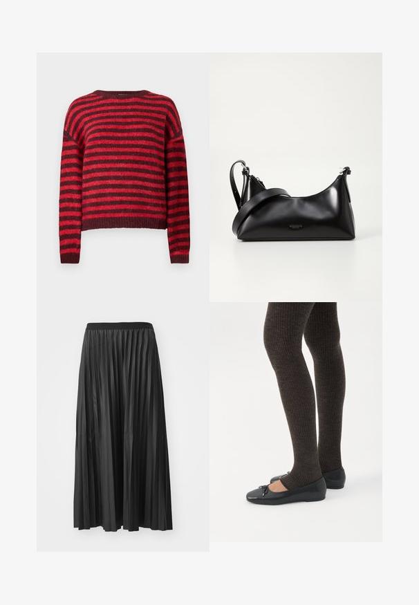 Rød og mørkerød stribet sweater, rund halsudskæring, lange ærmer, blød tekstur, ribbet kant, cropped design.; Sort plisseret maxiskørt med en glat tekstur og elastisk talje, der har lodrette folder som skaber volumen og bevægelse.; Ben iført mørke ribbede leggings kombineret med sorte balletsko med små sløjfedetaljer på hvid baggrund.; Sort læderhåndtaske med en glat tekstur. Har en justerbar stropp og et enkelt, minimalistisk design med lynlås.