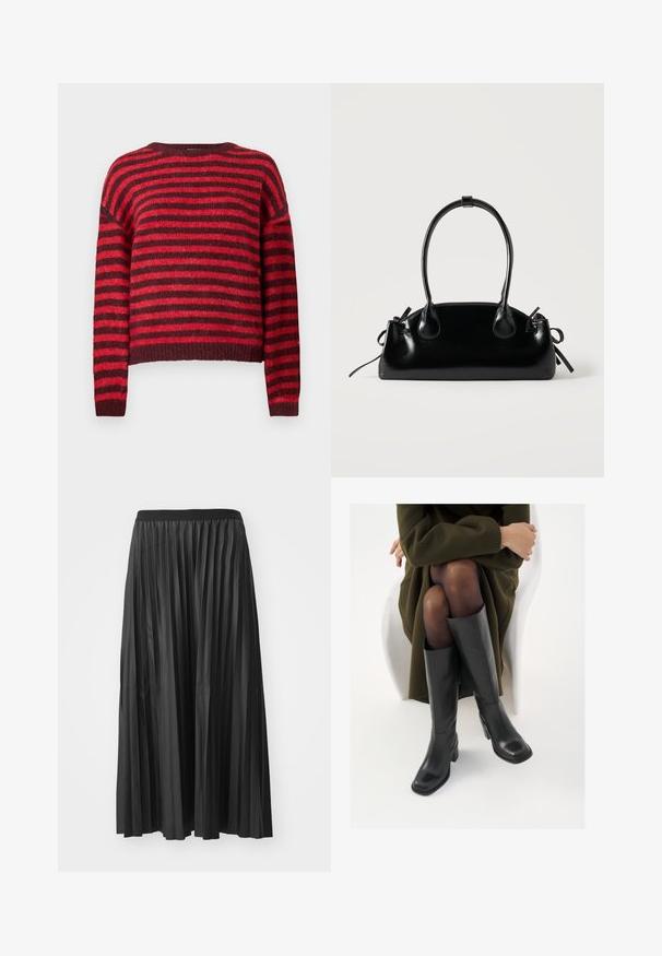 Pull à rayures rouge et rouge foncé, col rond, manches longues, texture douce, ourlet côtelé, design court.; Jupe maxi plissée noire avec une texture lisse et une taille élastique, dotée de plis verticaux qui créent du volume et du mouvement.; Bottes en cuir noires arrivant au genou, avec un bout carré et un talon carré, présentées sur un modèle assis dans un manteau vert olive. Texture lisse, détails minimaux.; Petit sac à main noir brillant avec deux longues anses et des détails à cordon sur les côtés sur un fond clair uni.