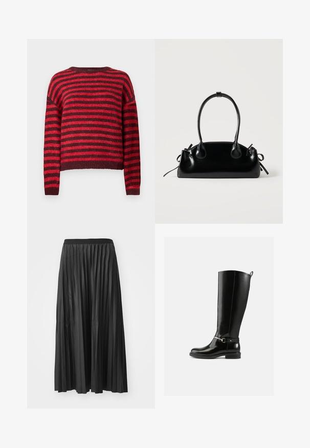 Rood en donkerrood gestreepte trui, ronde halslijn, lange mouwen, zachte textuur, geribbelde zoom, cropped ontwerp.; Zwarte geplisseerde maxi rok met een gladde textuur en een elastische tailleband, met verticale plooien die volume en beweging creëren.; Zwarte kniehoge laarzen van glanzend leer, met een zilveren gespdetail op de enkel en een afgeronde neus. Platte zool.; Kleine zwarte glanzende handtas met twee lange hengsels en zijkant trekkoord details op een effen lichte achtergrond.