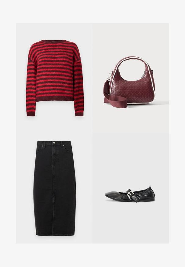 Rood en donkerrood gestreepte trui, ronde halslijn, lange mouwen, zachte textuur, geribbelde zoom, cropped ontwerp.; Zwarte denimrok met een hoge taille, knielange zoom, voornaad en klassiek ontwerp met vijf zakken. Voorzien van metalen knoop en subtiele textuur.; Zwarte leren platte schoen met een spitse neus, geplooide details rond de opening en een zilveren gespaccentueerde verstelbare band.; Donkerrode geweven leren handtas met gebogen handvat, witte bies, zilveren rits en afneembare brede stoffen schouderriem tegen een effen achtergrond.