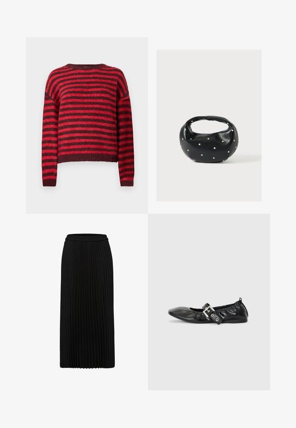 Suéter a rayas rojas y rojo oscuro, cuello redondo, mangas largas, textura suave, dobladillo acanalado, diseño corto.; Falda midi negra plisada con cintura elástica y pliegues verticales, mostrada sobre un fondo blanco.; Zapato plano de piel negra con puntera afilada, detalle fruncido alrededor de la abertura y un acento de hebilla plateada en la correa ajustable.; Bolso de mano de cuero negro con forma redondeada, decorado con detalles de tachuelas plateadas y un asa corta. Textura lisa y cierre con cremallera.