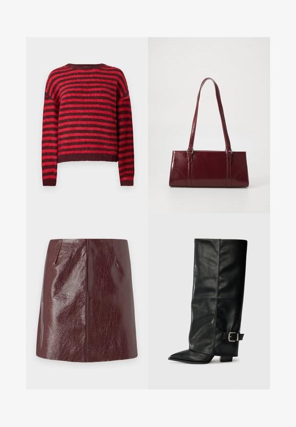 Pull à rayures rouge et rouge foncé, col rond, manches longues, texture douce, ourlet côtelé, design court.; Vero Moda VMNELLY SKIRT - Minijupe - wine tasting; Bottes noires en cuir longueur cheville avec un bout pointu, texture lisse et une accent en boucle argentée sur le côté. Talon carré épais.; Sac à main bordeaux en matériau brillant, de forme rectangulaire, avec deux anses et des accents légèrement courbés à l'avant.