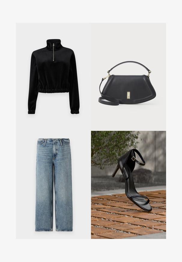 Schwarzer, gekürzter Fleece-Pullover mit hohem Kragen, Reißverschluss und gerafftem Bund. Lange Ärmel mit elastischen Bündchen. Weiche Textur.; Hellblaue Marlene-Jeans aus Denim, mit einem mittelhohen Bund, klassischem Fünf-Taschen-Design und subtilen Verwaschungen im Stoff.; Schwarze Sandalette mit hohem Absatz und Knöchelriemen schwebt über einem Holzboden im Freien vor verschwommenem Grün und Steinhintergrund.; Schwarze Lederhandtasche mit einer strukturierten Form, ausgestattet mit einem kurzen Griff und einem abnehmbaren Tragegurt, mit einem Verschlussdetail in Goldoptik akzentuiert.