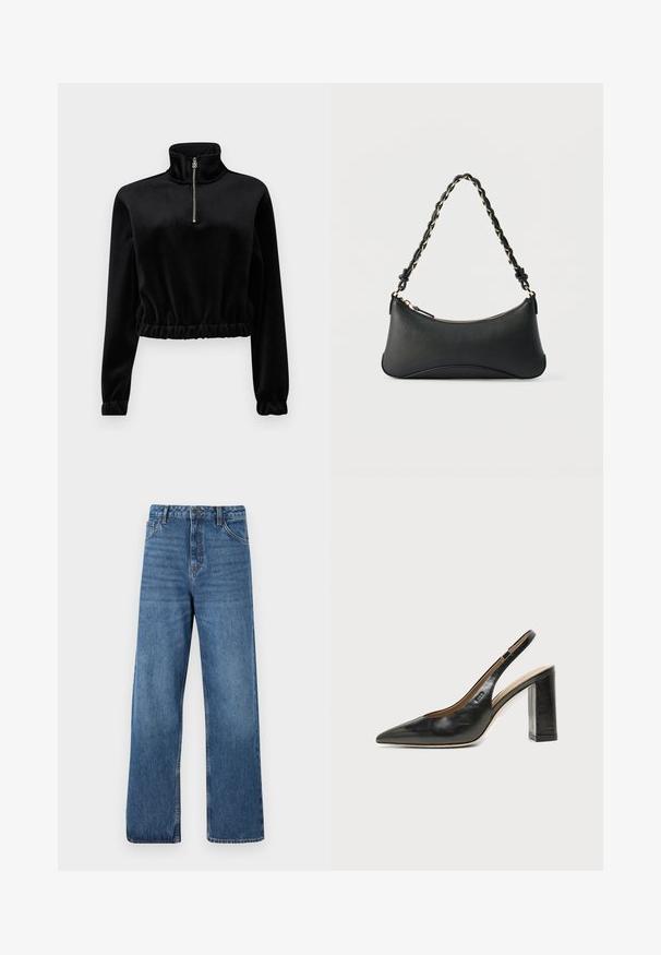 Pull en polaire noir coupé avec col haut, fermeture éclair et taille froncée. Manches longues avec poignets élastiques. Texture douce.; Jean denim bleu taille haute avec une coupe large, présentant une texture lisse, des détails de couture minimaux et un style classique à cinq poches.; Chaussure slingback en cuir noir à bout pointu avec un talon bloc haut et une doublure intérieure beige sur un fond clair uni.; Sac à bandoulière en cuir noir de forme rectangulaire incurvée, avec une chaîne dorée tissée dans la bandoulière noire tressée et une fermeture éclair sur le dessus.