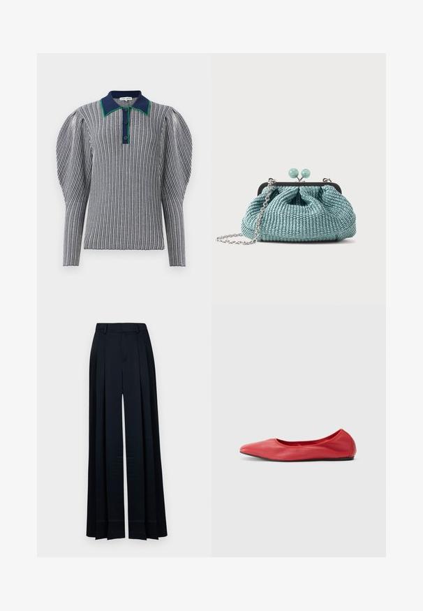Polo rayé bleu marine et blanc avec un col accentué de vert. Doté de manches bouffantes et d'une fermeture à bouton au cou. Tissu texturé.; Pantalon large bleu marine taille haute, avec passants de ceinture, plis à l'avant et ourlet droit.; Filippa K REY FLATS - Ballerines - bright red; Petit sac pochette tissé bleu clair avec une chaîne argentée et une fermeture à boucle ronde sur le dessus.