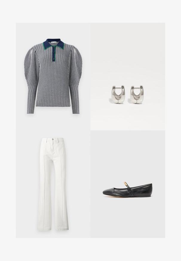 Polo rayé bleu marine et blanc avec un col accentué de vert. Doté de manches bouffantes et d'une fermeture à bouton au cou. Tissu texturé.; Jean blanc évasé en denim, avec une taille haute, des coutures contrastantes et une finition nette sans usure.; Ballerine en cuir noir avec un bout pointu, une fine sangle et un petit accent doré près de la sangle. Texture lisse et talon bas.; Boucles d'oreilles en argent en forme de cerceau, avec une surface métallique lisse et un design ouvert au centre, reflétant la lumière.