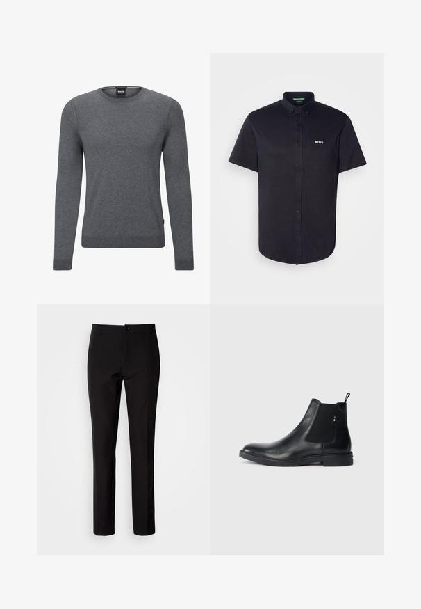 Grå crew-neck sweater lavet af blødt strikket stof. Den har lange ærmer, ribbede manchetter og kant, samt et lille logo-mærke på siden.; Sort kortærmet skjorte med knapper lavet af bomuld, med en klassisk krave, normal pasform og et hvidt "BOSS" logo broderet på brystet.; Sorte bukser lavet af glat stof, med lige ben, lukkes med knapper foran og har diskrete sidelommer. Enkelt og skræddersyet udseende.; Sorte læder Chelsea støvler med elastiske sidepaneler, en pull-tab og en flad gummisål. Glat tekstur med minimal detaljer.