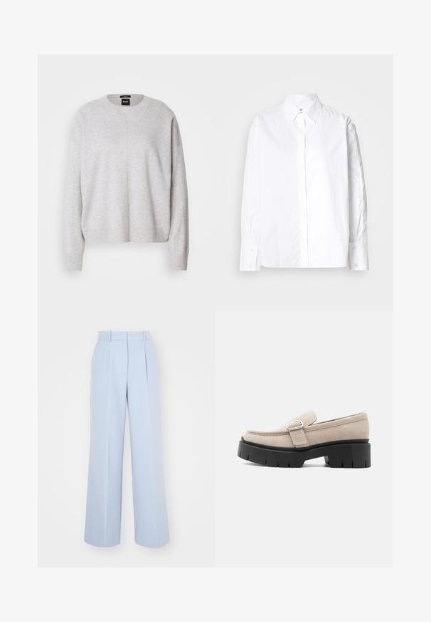BOSS FASCONA - Trui - light pastel grey; Witte overhemd met knoopsluiting, klassieke kraag, lange mouwen en manchetwringen. Gemaakt van een gladde stof, met een centrale placket aan de voorzijde.; Lichtblauwe wijde broeken met een hoge tailleband, met plooien aan de voorkant, gemaakt van een zachte, geweven stof. Geen zichtbare hardware.; Beige suède loafer met zilveren gesp en dikke zwarte chunkysouw, zijaanzicht op witte achtergrond.