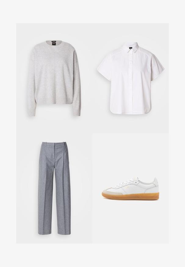 BOSS FASCONA - Pullover - light pastel grey; Chemise blanche à manches courtes, à boutons, avec un col pointu et un ourlet arrondi. Fabriquée en coton, elle possède une texture lisse et sans motifs visibles.; Pantalons larges gris clair en tissu texturé, avec des plis à l'avant et une taille cintrée. Design minimaliste, sans matériel visible.; Baskets en cuir blanc avec des accents en suédine beige, semelle en caoutchouc gomme et design à lacets. Présente un logo discret en doré.