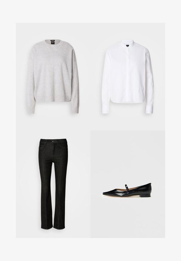 BOSS FASCONA - Svetrík - light pastel grey; Biela košeľa s golierom a predným zapínaním, dlhými rukávmi a manžetami na gombíky. Vyrobená z hladkej bavlnenej tkaniny so štruktúrovaným strihom.; Čierne denimové nohavice so strihom rovného strihu, s gombíkovým zapínaním, piatimi vreckami a jemnými detailmi prešívania. Hladká textúra a klasický dizajn.; Čierne lakované kožené baleríny Mary Jane s špicatou špičkou, jedným pásikom a nízkym podpätkom na jednoduchom pozadí.
