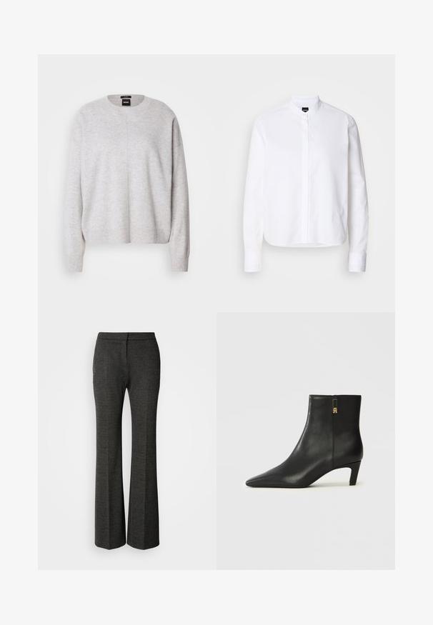 BOSS FASCONA - Pullover - light pastel grey; Chemise blanche à col avec patte de boutonnage à l'avant, manches longues et poignets à boutons. Fabriquée en coton lisse avec une coupe structurée.; Pantalons grisonnants évasés en tissu texturé. Présentent un devant plat, une silhouette ajustée et un motif en chevron subtil sur l'ensemble.; Bottes basses en cuir noir avec un bout pointu et un petit talon effilé. Dotées d'une fermeture éclair latérale avec un accent doré. Texture lisse.