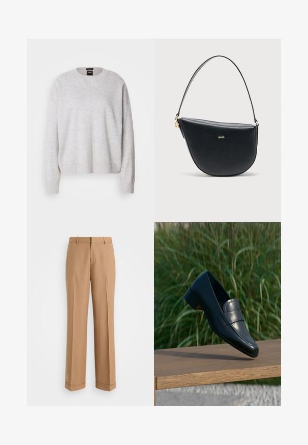 BOSS FASCONA - Trui - light pastel grey; Beige op maat gemaakte broek met een rechte pasvorm, gemaakt van zacht materiaal, met een voornaad en omgeslagen boorden aan de zoom.; Zwarte leren loafer met lage hak die balanceert op de rand van een houten bankje buiten met hoog groen gras op de achtergrond.; Zwarte leren handtas in halve maan vorm met een enkele schouderriem en een gouden BOSS-logo in het midden aan de voorkant.
