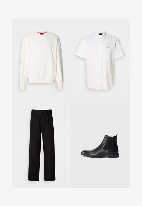 Hvid sweatshirt lavet af blødt stof, med rund hals, lange ærmer og et lille rødt "HUGO"-logo på brystet.; Hvid polo med korte ærmer lavet af bomuld, med knaplukning, klassisk krave og en sort "BOSS"-logo på brystet.; Sorte bukser lavet af glat stof, med lige ben, frontfolder og en enkelt knaplukning i taljen.; Sorte læder Chelsea støvler med elastiske sidepaneler, en pull-tab og en flad gummisål. Glat tekstur med minimal detaljer.