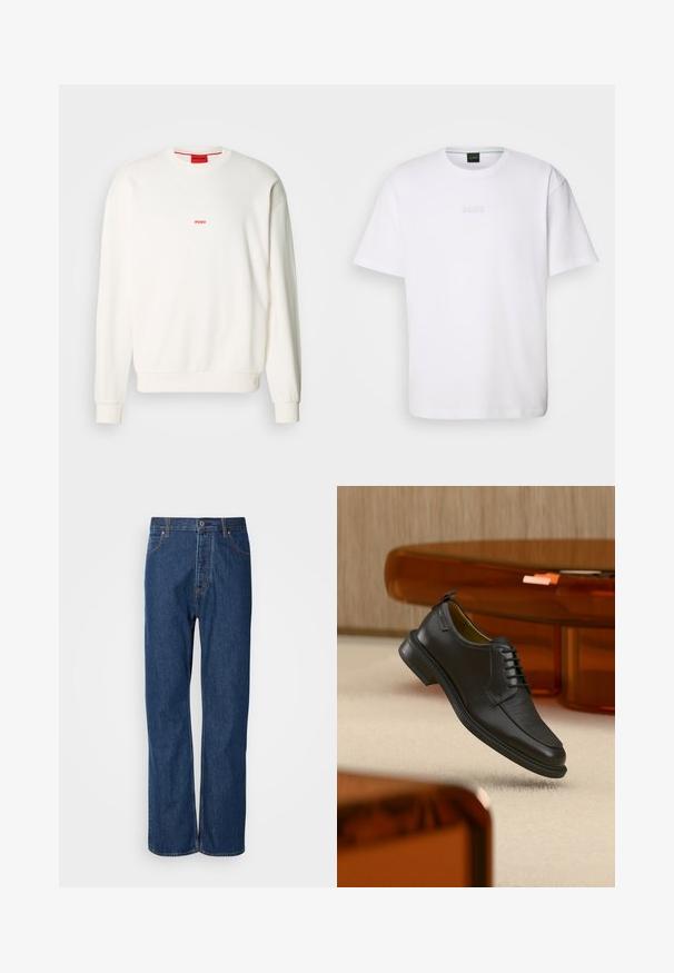 Sweat-shirt blanc en tissu doux, avec un col rond, des manches longues et un petit logo rouge "HUGO" sur la poitrine.; T-shirt en coton blanc à manches courtes, col rond, avec un logo « BOSS » en relief sur la poitrine. Texture lisse, coupe standard.; Jean en denim bleu avec une coupe droite, équipés d'une fermeture à bouton, de cinq poches et de coutures contrastantes le long des coutures.; Chaussure habillée noire en cuir à lacets avec devant texturé, flottant au-dessus d'un tapis beige dans une pièce moderne avec des meubles teintés d'ambre.