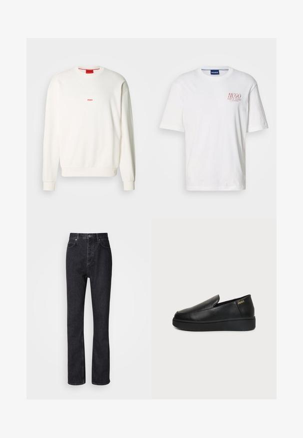 Sweat-shirt blanc en tissu doux, avec un col rond, des manches longues et un petit logo rouge "HUGO" sur la poitrine.; T-shirt en coton blanc avec manches courtes, col rond, et un logo rouge sur le côté gauche de la poitrine. Texture lisse.; Jean en denim noir taille haute avec fermeture à bouton et à glissière, poches avant et arrière, et coupe droite.; Chaussure noire en cuir à enfiler avec semelle épaisse et petits trous de ventilation latéraux, avec un logo doré "HUGO" près du talon.