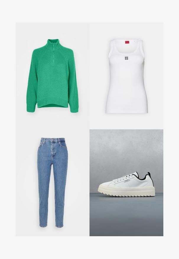 Pull en tricot vert avec un col montant, une fermeture éclair quart de longueur et des motifs texturés avec des poignets côtelés. Coupe ample avec un ourlet légèrement courbé.; Débardeur blanc en coton, avec un design simple, un col rond et un logo "HUGO" noir au centre. Texture lisse.; Jean droit taille haute bleu avec bouton et fermeture éclair à l'avant, passants de ceinture et poches, exposé sur un fond blanc uni.; Baskets blanches en cuir avec une semelle épaisse et texturée au design dentelé. Des accents noirs sur le talon et la languette ajoutent du contraste.