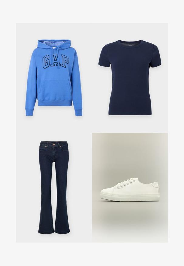 Sweat à capuche bleu avec poche avant en forme de poche kangourou et logo "GAP" en grandes lettres épaisses sur la poitrine; T-shirt à manches courtes en maille côtelée bleu marine avec encolure ronde et silhouette ajustée sur fond blanc.; Jean en denim bleu foncé avec taille haute, fermeture par bouton et zip, poches avant et jambes évasées.; Baskets basses blanches avec lacets blancs et semelle en caoutchouc, vues de côté sur un fond neutre.