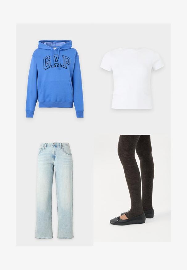 Sweat à capuche bleu avec poche avant en forme de poche kangourou et logo "GAP" en grandes lettres épaisses sur la poitrine; T-shirt blanc uni à manches courtes et col rond, présenté sur un fond gris clair neutre.; Jean bleu clair à jambe droite avec poches avant, passants de ceinture et fermeture par bouton sur fond blanc uni.; Jambes portant des leggings côtelés foncés associés à des ballerines noires avec de petits détails en nœud sur fond blanc.