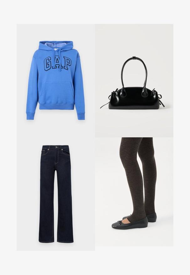 Sweat à capuche bleu avec poche avant en forme de poche kangourou et logo "GAP" en grandes lettres épaisses sur la poitrine; Jean en denim bleu foncé avec des jambes droites, fermeture à bouton, passants de ceinture et cinq poches, présentés sur un fond blanc.; Jambes portant des leggings côtelés foncés associés à des ballerines noires avec de petits détails en nœud sur fond blanc.; Petit sac à main noir brillant avec deux longues anses et des détails à cordon sur les côtés sur un fond clair uni.