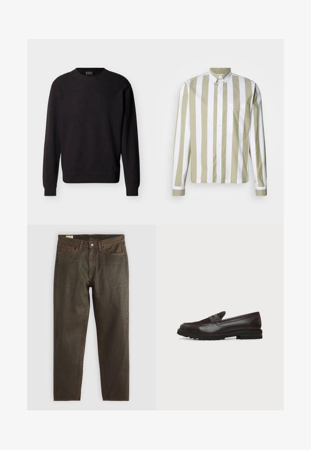 Sweat-shirt noir à manches longues avec col ras du cou, poignets et ourlet côtelés, présentant un tissu subtilement texturé et un petit détail en V cousu sous le col.; Chemise à manches longues rayée vert olive clair et blanc avec fermeture à boutons, col à pois et une poche poitrine unique. Tissu en coton.; Jean en denim vert foncé à coupe droite, avec des coutures en cuivre, un design classique à cinq poches et une fermeture à boutons.; Mocassin penny en cuir et daim marron foncé avec semelle épaisse en caoutchouc noir, profil latéral sur fond blanc.