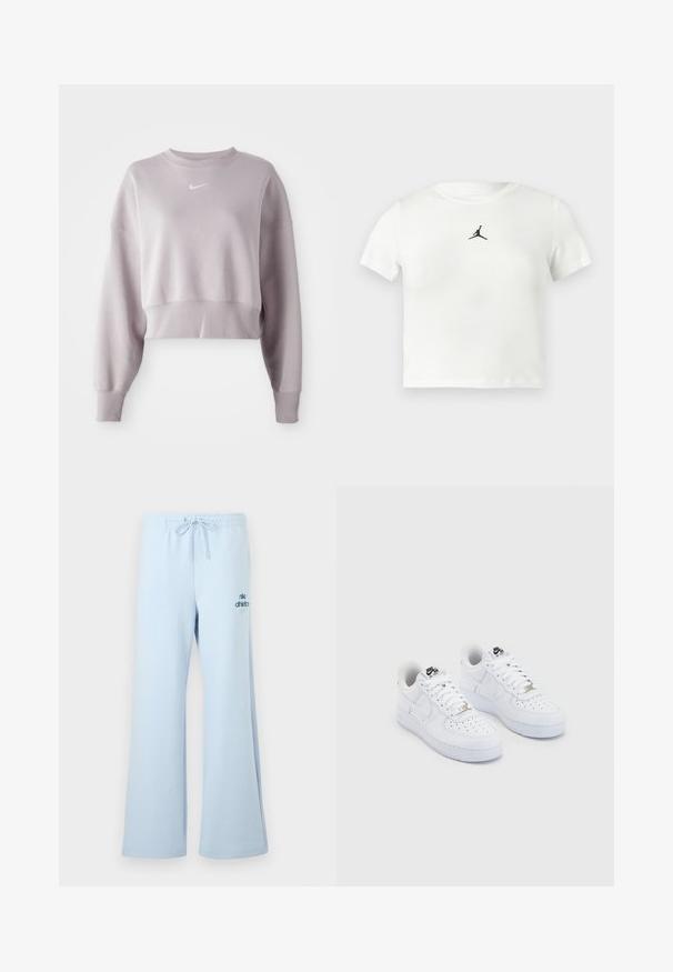 Sudadera corta en lavanda claro, hecha de tela suave. Presenta un cuello acanalado, hombros caídos y un pequeño logo blanco en el pecho.; Camiseta corta de algodón blanca con un logo Jumpman negro en el centro. Mangas cortas y cuello redondo con una textura suave.; Pantalones deportivos azul claro con un ajuste relajado, cintura con cordón y logo "nike athletics" en azul más oscuro en la pierna delantera. Textura de tela suave.; Zapatillas Nike Air Force 1 blancas con una parte superior de cuero suave, puntera perforada, cordones blancos y un logotipo negro en la lengüeta.