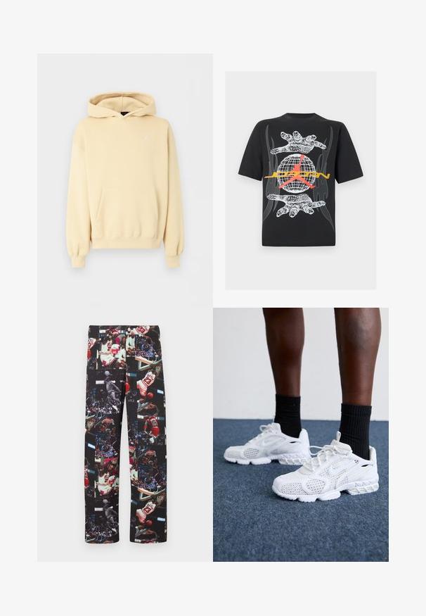 Sweat à capuche beige avec poche kangourou à l'avant et petit logo Jordan blanc sur la poitrine gauche, présenté sur fond uni.; T-shirt en coton noir avec un graphisme représentant des mains en fil de fer et un globe, orné d'un logo orange et rouge au centre. Accents audacieux de flammes.; Pantalon noir orné d'un collage d'images de basketball, montrant principalement un joueur en maillot rouge. Tissu lisse avec des graphismes vifs et contrastés.; Baskets de sport blanches avec dessus en maille, accents texturés et semelle rembourrée. Associées à des chaussettes côtelées noires sur une surface en moquette bleue.