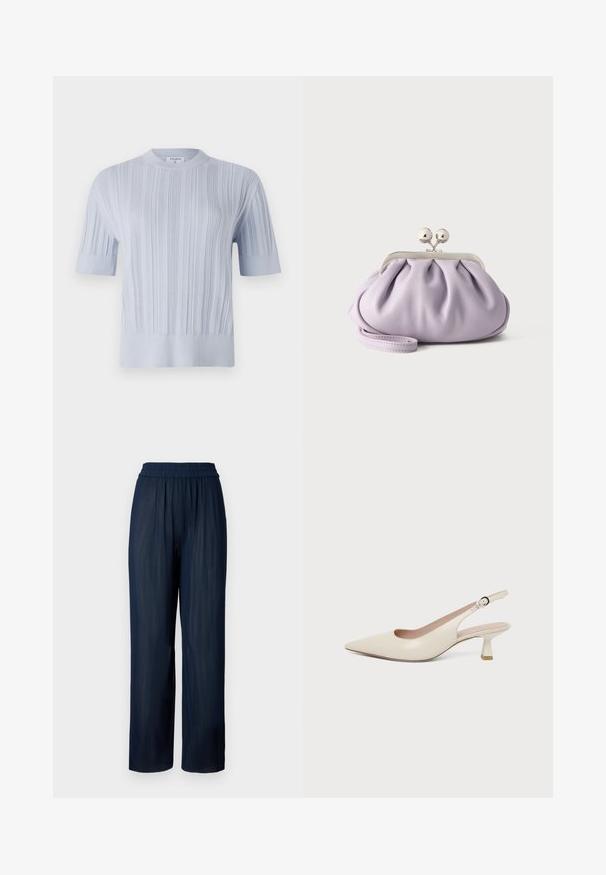 T-shirt tricot à manches courtes de couleur bleu clair, présentant une texture en côtes verticales et un col rond. Le tissu révèle des détails subtils avec une finition ajustée.; Pantalons large en navy fabriqués en tissu plissé, avec une taille élastique et une texture douce, conçus pour le confort et la liberté de mouvement.; Chaussure slingback couleur crème à bout pointu avec un petit talon bas incurvé et une bride réglable à boucle.; Pochette lavande douce avec tissu froncé, fermoir kiss-lock argenté et bracelet assorti sur un fond clair uni.