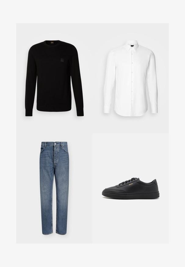 Zwarte gebreide trui met lange mouwen, ronde hals en een klein gewafeld logo-opdruk op de borst. Voelt glad aan aan de hele trui.; Witte blouse met lange mouwen, knoopsluiting aan de voorkant, klassieke kraag, gemaakt van gladde stof met een subtiele textuur, ontworpen voor een aansluitende pasvorm.; Blauwe denim jeans met rechte pijpen, hoge taille, knoopsluiting aan de voorkant en vijfzakkenontwerp op een effen lichte achtergrond.; Zwarte leren sneakers met een gladde textuur, ronde neus, platte rubberen zool en tonale veters. Kenmerkt zich door de gouden "BOSS" branding aan de zijkant.