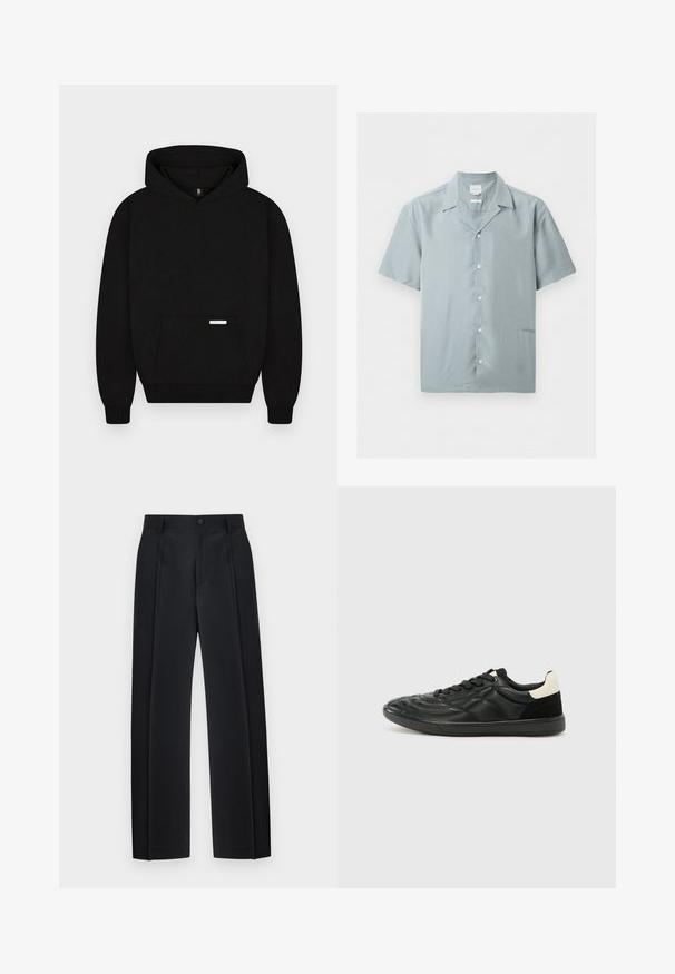 Sweat à capuche noir avec poche kangourou devant et petite étiquette rectangulaire sur la poche, présenté sur un fond clair uni.; Chemise bleu clair à manches courtes avec col, cinq boutons blancs sur le devant et un logo discret Calvin Klein près de l'ourlet.; Pantalon noir ajusté à jambes droites avec plis devant, passants pour ceinture et fermeture par bouton à la taille.; ALDO THEPITCH - Baskets basses - black