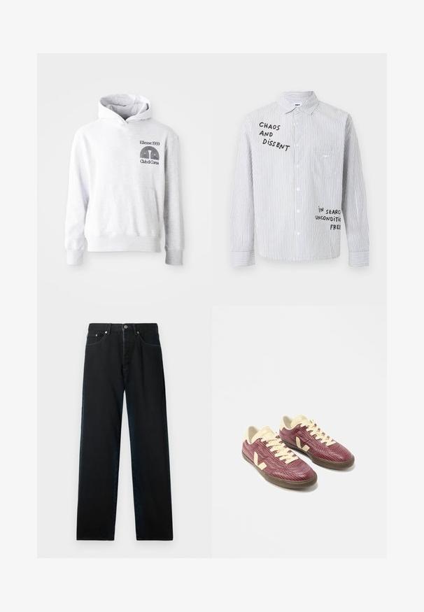 Grå hættetrøje med en forreste kængurulomme. Har sort broderet tekst og logo "Ellesse 1959 Club di Corsa" på brystet.; Hvid skjorte med tynde sorte lodrette striber og sort tekst med teksten "CHAOS AND DISSENT" og "IN SEARCH UNCONDITIONAL FREE" foran.; Sorte denimjeans med lige pasform, fem-lomme design og metalhardware. Stoffet har en glat tekstur og minimal falming.; Par af lavtopede sneakers i bordeaux tekstiler med cremefarvede snørebånd, hæl og logo samt mørke gummisåler vist på hvid baggrund.