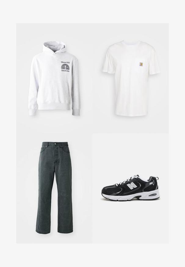 Grijze capuchonsweatshirt met een voorzak in kangaroestijl. Voorzien van zwarte geborduurde tekst en logo "Ellesse 1959 Club di Corsa" op de borst.; Witte katoenen t-shirt met korte mouwen, een borstzak en een klein vierkant logo-opdruk in oranje en wit op de zak.; Wijdvallende donkergrijze spijkerbroek van denim, met een hoge taille, vijf-pocket ontwerp en een subtiele versleten textuur.; Zwarte en grijze sport schoenen met een bovenwerk van mesh en suede, voorzien van een witte tussenzool, veters en een gedurfde "N"-logo aan de zijkant.