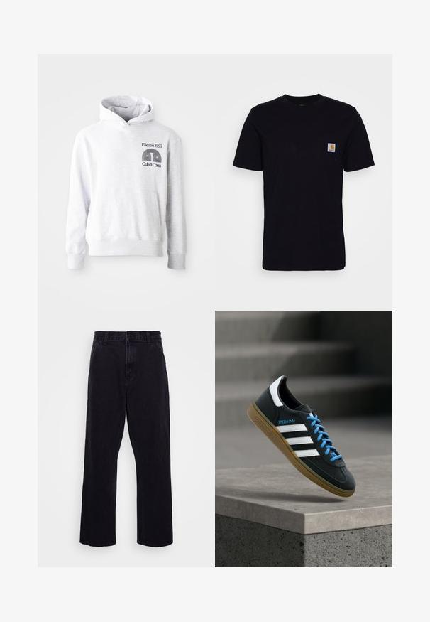 Grijze capuchonsweatshirt met een voorzak in kangaroestijl. Voorzien van zwarte geborduurde tekst en logo "Ellesse 1959 Club di Corsa" op de borst.; Zwarte katoenen t-shirt met korte mouwen, ronde hals en een borstzak met een klein, vierkant logo patch. Eenvoudig, stevig ontwerp.; Zwarte denim broek met een rechte pijpdesign, voorzien van een knoop- en ritssluiting, riemlussen en minimale stikdetails.; Zwarte Adidas-sneaker met witte strepen, blauwe veters en een gumzool die boven een grijze betonnen trede zweeft in zacht licht.