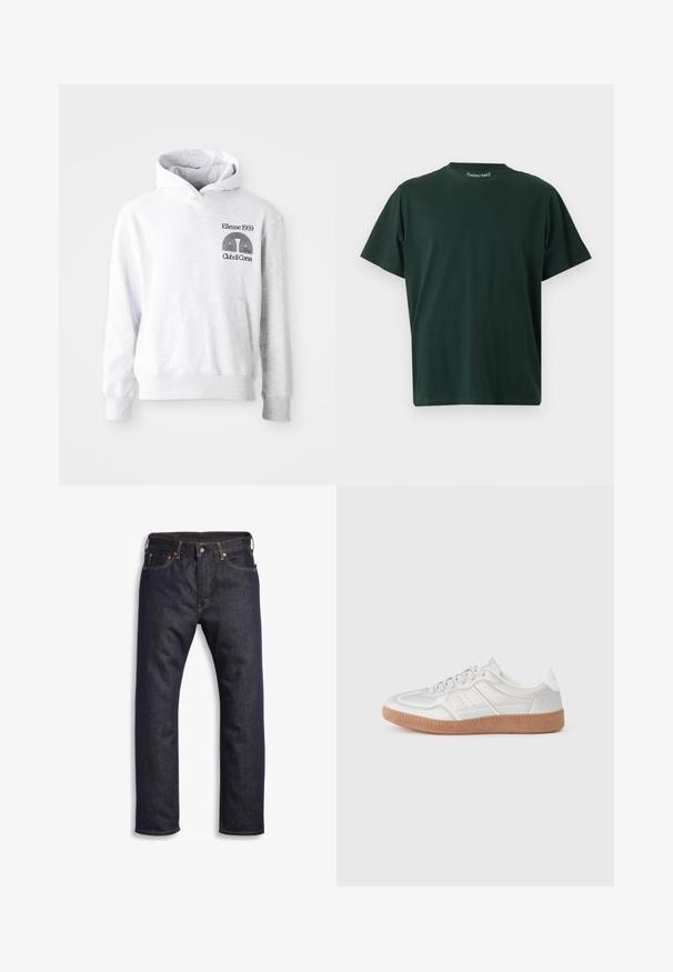 Hall halliga kapuutsiga dressipluus ees taskuga. Rinnal musta tikitud teksti ja logoga "Ellesse 1959 Club di Corsa".; Tume roheline lühikeste varrukatega ümara kaelusega T-särk, sirge lõikega, sees kaelakaare juures brändinimega "Selected".; Tumed sinine teksapükk, sirge lõikega, viie-tasku kujundusega, metallist detailidega ja kontrastsete oranžide õmblustega. Sile tekstuur, nähtavad mustrid puuduvad.; Hõbedased tennised, millel on sile tekstuur, nööridega disain, perforatsioonidega aktsendid ning kootud pruun kummitald.