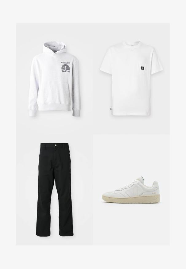 Grauer Kapuzenpullover mit einer Kangaroo-Tasche auf der Vorderseite. Auf der Brust befindet sich schwarzer, bestickter Text und das Logo "Ellesse 1959 Club di Corsa".; Weißes Baumwoll-T-Shirt mit Rundhalsausschnitt, kurzen Ärmeln und einer Brusttasche mit schwarzem Logo-Patch. Glatte Textur, lockere Passform.; Schwarze gerade geschnittene Hosen mit Knopf- und Reißverschluss, Gürtelschlaufen und Seitentaschen, präsentiert vor einem weißen Hintergrund.; Weiße Leder-Sneaker mit strukturierter Oberfläche und gepolstertem Kragen. Sie verfügen über eine beigen Gummisohle und dezente Markenkennzeichnung an der Ferse und an der Seite.