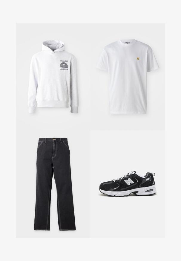 Sudadera con capucha gris con un bolsillo frontal tipo canguro. Cuenta con texto y logo bordados en negro que dicen "Ellesse 1959 Club di Corsa" en el pecho.; Camiseta de algodón blanca con mangas cortas, cuello redondo, que presenta un pequeño logo dorado en la parte izquierda del pecho. Textura suave y corte regular.; Vaqueros negros de pierna recta con bolsillos delanteros, trabillas para el cinturón y costuras blancas visibles sobre un fondo liso gris claro.; Zapatillas deportivas en negro y gris con parte superior de malla y ante, que cuentan con una entresuela blanca, cordones y un llamativo logo "N" en el lateral.