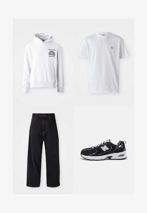 Hall halliga kapuutsiga dressipluus ees taskuga. Rinnal musta tikitud teksti ja logoga "Ellesse 1959 Club di Corsa".; Valge puuvillane t-särk lühikeste varrukatega, ümmargune kaelus, millel on väike kuldne logo vasakul rinnal. Pehme tekstuur ja regulaarne lõike.; Mustad laiad denim püksid kõrge vöökohaga, esine nupp, lukku ja kollane õmblus taskutel ja saheedel.; Must värvi ja hallid spordijalatsid, mille ülemine osa on valmistatud võrgust ja nahast, valge vaheosaga, paeltega ja küljel julge "N" logo.