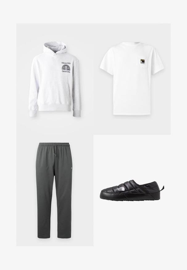 Grijze capuchonsweatshirt met een voorzak in kangaroestijl. Voorzien van zwarte geborduurde tekst en logo "Ellesse 1959 Club di Corsa" op de borst.; Wit katoenen t-shirt met korte mouwen en een borstzakje met een berglogo in zwart en goud. Eenvoudig, onopgesmukt ontwerp.; Donkergrijze fleece joggingbroek met elastische tailleband en trekkoord, voorzien van een klein logo op de rechterdij.; Zwarte instapschoen met een gequilt ontwerp, gemaakt van gevoerd materiaal. Heeft een gestructureerde rubberen zool en een klein trekkoord aan de achterkant.