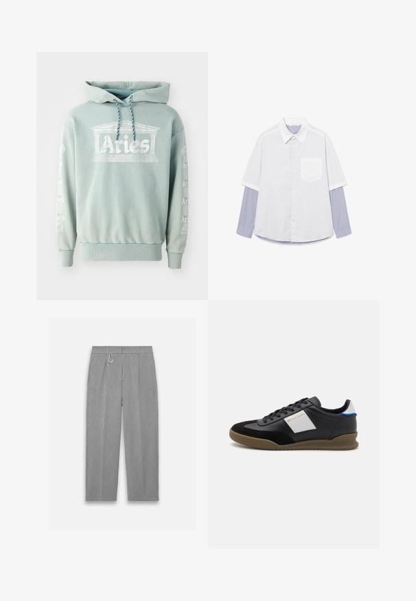 Hoodie vert menthe en coton, doté d'une impression frontale "Bélier" avec des détails architecturaux, et de texte en blanc le long des manches.; Chemise blanche à manches courtes portée sur une chemise à manches longues rayée bleu et blanc avec poignets boutonnés et poche poitrine.; Pantalon gris plissé en tissu texturé. Doté d'un clip carabine sur la taille et de poches avant pour le rangement.; Baskets en cuir noir et en nubuck avec un panneau gris, semelle en caoutchouc marron et accent bleu sur le talon. Elles disposent de lacets et d'un logo embossé.
