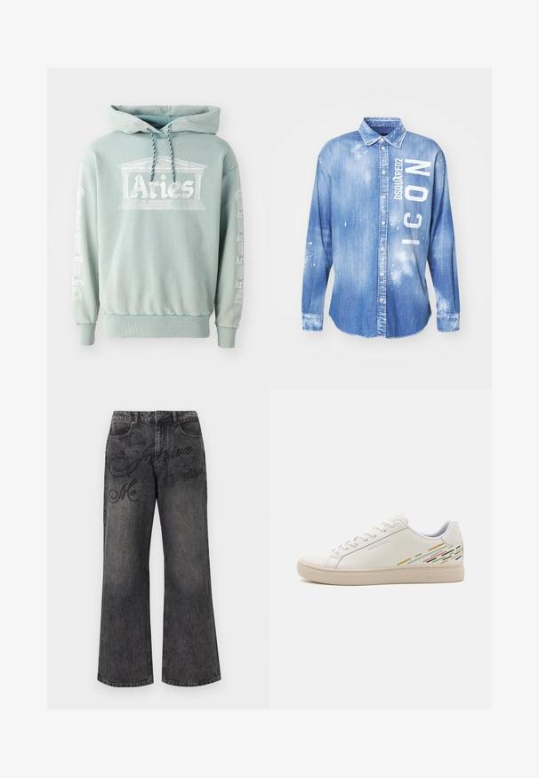 Mintgroene hoodie van katoen, met een voorprint van "Aries" met architectonische details, en tekst langs de mouwen in het wit.; Lichtblauwe denimshirt met een voorknopsluiting, lange mouwen, een kraag en witte bedrukte tekst "DSQUARED2 ICON" met verfspetterdetails.; Zwart gewassen rechte jeans met voorzakken en subtiele geborduurde tekst "Me Inspire Fashion" aan de bovenkant vooraan.; Witte leren sneakers met een gladde textuur, voorzien van kleurrijke lijnpatronen op de hak en een beige rubberen zool.