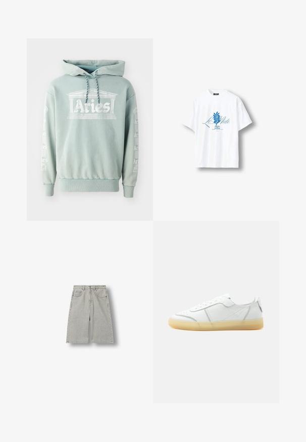Hoodie vert menthe en coton, doté d'une impression frontale "Bélier" avec des détails architecturaux, et de texte en blanc le long des manches.; T-shirt blanc à manches courtes avec un motif botanique bleu et le texte « Le Midi Hôtel du Rivage Saint-Jean-de-Luz » centré sur le devant.; Short en denim gris clair longueur genou avec poches avant, passants pour ceinture et fermeture à bouton, posé à plat sur fond blanc.; Baskets basses en cuir blanc avec semelle beige translucide, lacets à l’avant et détails de couture minimalistes, vues de côté sur un fond uni.