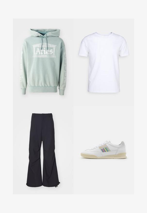Mintgroene hoodie van katoen, met een voorprint van "Aries" met architectonische details, en tekst langs de mouwen in het wit.; Witte katoenen t-shirt met korte mouwen en een ronde hals. Eenvoudig ontwerp zonder patronen of accenten. Glad textuur.; Marineblauwe wide-leg broek van een gladde stof, met twee voorzakken en een verstelbare trekkoord aan de zoom. Schoon en op maat gemaakt ontwerp zonder versieringen.; Witte leren sneaker met een crèmewitte zool, meerkleurige strepenaccenten aan de zijkant en 'PS Paul Smith' merknaam in het goud.