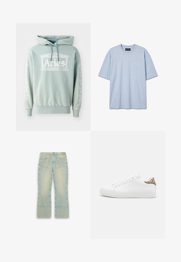 Hoodie vert menthe en coton, doté d'une impression frontale "Bélier" avec des détails architecturaux, et de texte en blanc le long des manches.; T-shirt en coton bleu clair à manches courtes avec le logo "PEGADOR" sur la poitrine gauche et une étiquette à l'intérieur du col, présenté sur fond blanc.; Jean en denim bleu clair délavé avec jambes larges, grandes poches plaquées à l'avant et passants de ceinture standards sur fond blanc.; Baskets en cuir blanc avec une finition lisse, présentant un accent rayé coloré au niveau du talon, des œillets dorés et une semelle blanche plate.