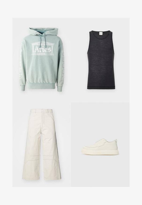 Πράσινη μέντα hoodie φτιαγμένη από βαμβάκι, με μπροστινή εκτύπωση "Αιγόκερως" με αρχιτεκτονικές λεπτομέρειες και κείμενο κατά μήκος των μανικιών σε λευκό χρώμα.; Μαύρη αμάνικη μπλούζα από ελαφρύ ύφασμα, με στρογγυλή λαιμόκοψη και διακριτική υφή, διαθέτοντας αντίθετη λεπτομέρεια στο στρίφωμα.; A-COLD-WALL* FORMAT PANT - Παντελόνι - beige bone; Slip-on αθλητικό παπούτσι σε εκρού με υφή, με χοντρή, ραβδωτή σόλα. Διαθέτει ελάχιστες ραφές και διακριτική γαλάζια λεπτομέρεια.