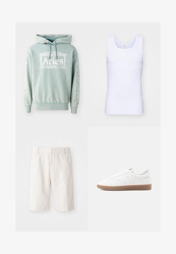 Hoodie vert menthe en coton, doté d'une impression frontale "Bélier" avec des détails architecturaux, et de texte en blanc le long des manches.; Débardeur sans manches en coton blanc avec un col rond, présentant une texture lisse et une coupe ajustée, conçu pour un usage décontracté.; Shorts en lin beige clair avec une taille élastique, poches latérales et une coupe droite. Texture lisse avec des coutures minimales visibles.; Baskets basses blanches avec semelle en caoutchouc gomme, superpositions cousues et fermeture à lacets sur fond neutre.