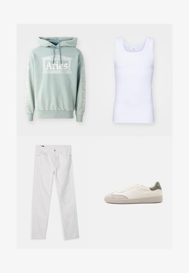 Πράσινη μέντα hoodie φτιαγμένη από βαμβάκι, με μπροστινή εκτύπωση "Αιγόκερως" με αρχιτεκτονικές λεπτομέρειες και κείμενο κατά μήκος των μανικιών σε λευκό χρώμα.; Λευκό βαμβακερό αμάνικο μπλουζάκι με στρογγυλή λαιμόκοψη, με ομαλή υφή και εφαρμοστή γραμμή, σχεδιασμένο για καθημερινή χρήση.; Λευκό τζιν παντελόνι με ίσια γραμμή, σχέδιο πέντε τσεπών και κλείσιμο με κουμπί στη μέση. Διαθέτει διακριτική ραφή και μεταλλικές λεπτομέρειες.; Λευκό χαμηλό sneakers με ανοιχτό γκρι σουέντ λεπτομέρειες στα δάχτυλα και τη φτέρνα, λευκά κορδόνια και επίπεδη μπεζ σόλα, εμφανίζεται από την εξωτερική πλευρά.
