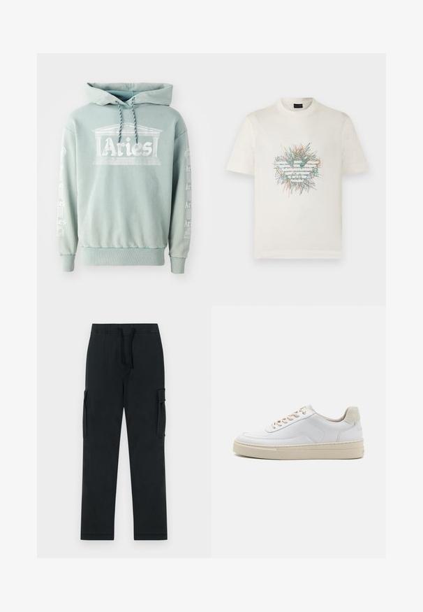 Mintgroene hoodie van katoen, met een voorprint van "Aries" met architectonische details, en tekst langs de mouwen in het wit.; Witte T-shirt met korte mouwen met een kleurrijk, abstract krabbeldesign dat een gestileerd adelaarslogo vormt in het midden aan de voorkant.; Zwarte cargobroek met een elastische tailleband, trekkoord en zijzakken. Gemaakt van een glad, duurzaam materiaal; met rechte pijpen.; Witte sneaker met een gevoerd leren bovenwerk, beige veters en een gestructureerde beige suede hieltab. Verhoogde zool voor extra hoogte.